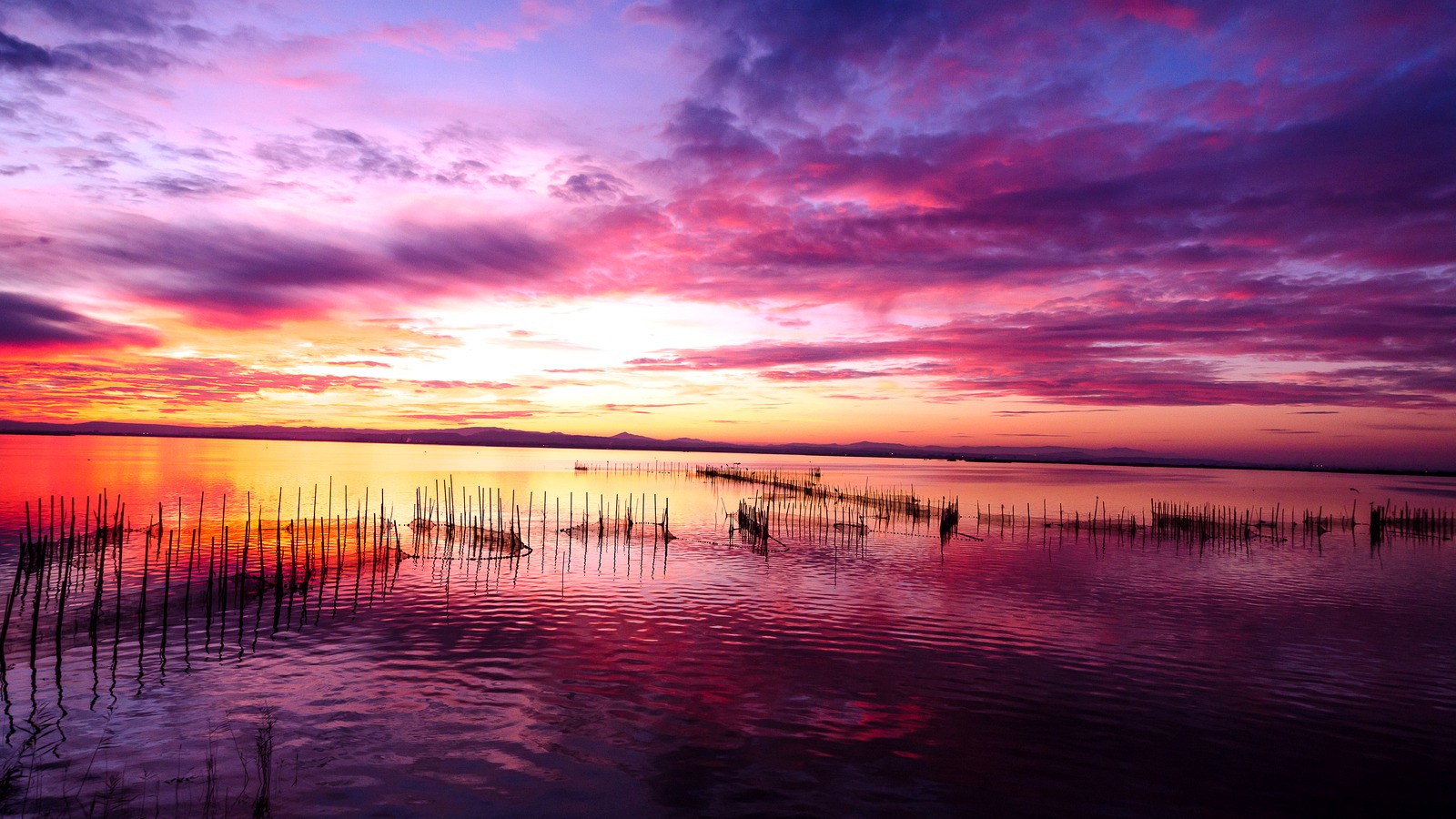 Fotografía real del atardecer sobre el lago de l’Albufera de Valencia