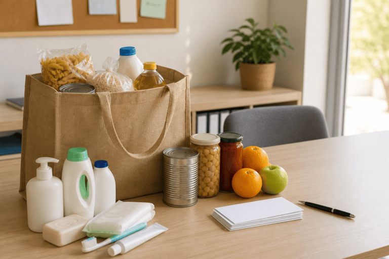 Bag of basic food and hygiene products beside a stack of blank vouchers