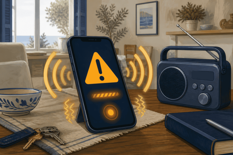 Ilustración editorial de un móvil emitiendo una alerta de emergencia junto a una radio, sin mostrar mensajes oficiales ni marcas reales.