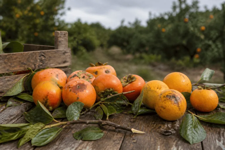 Caquis y naranjas con golpes junto a hojas y ramas mojadas después de una tormenta