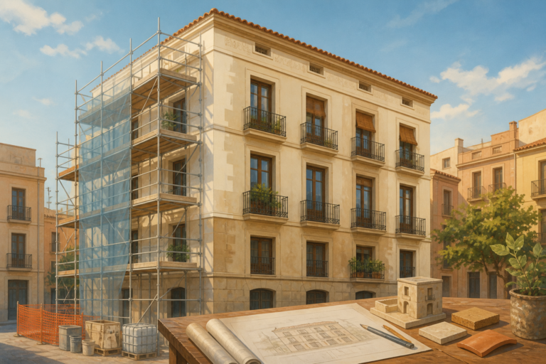 Ilustración editorial de un edificio residencial mediterráneo con andamios y planos de rehabilitación, sin representar un inmueble real.