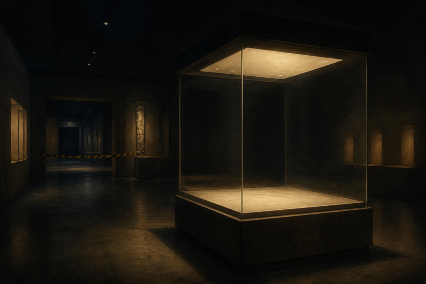 Editorial illustration of an empty display case in a fictional museum, without recreating the MUVI, the theft or the Treasure of Villena objects.