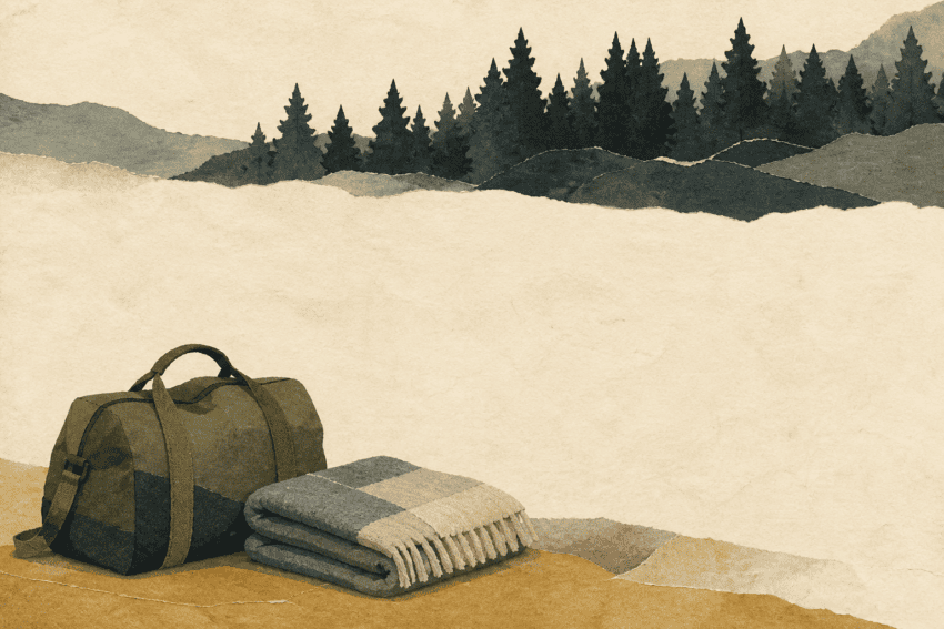 Ilustración conceptual de una bolsa de viaje y una manta ante siluetas abstractas de árboles; no representa El Saler ni objetos de personas evacuadas.