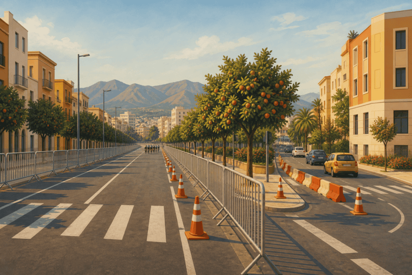 Editorial illustration of an avenue prepared for a cycling race with local traffic diverted