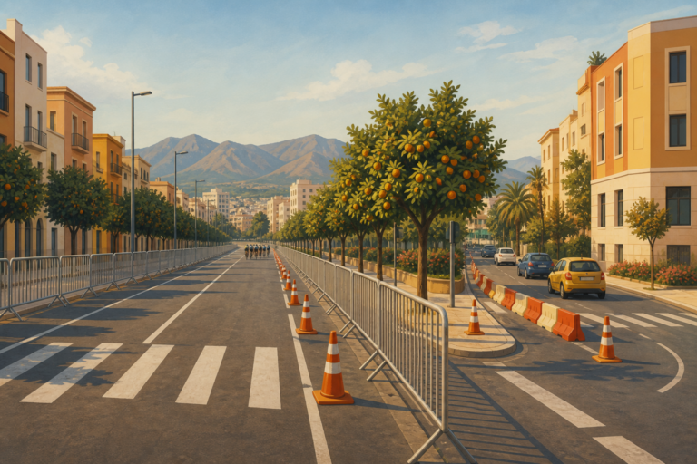 Ilustración editorial de una avenida preparada para el paso de una carrera ciclista y tráfico desviado