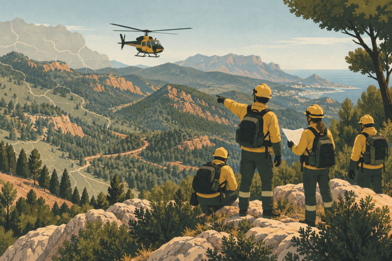 Ilustración editorial de un equipo forestal coordinando un operativo con un helicóptero sobre un paisaje mediterráneo