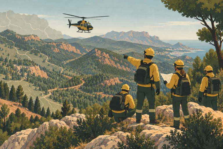 Ilustración editorial de un equipo forestal coordinando un operativo con un helicóptero sobre un paisaje mediterráneo