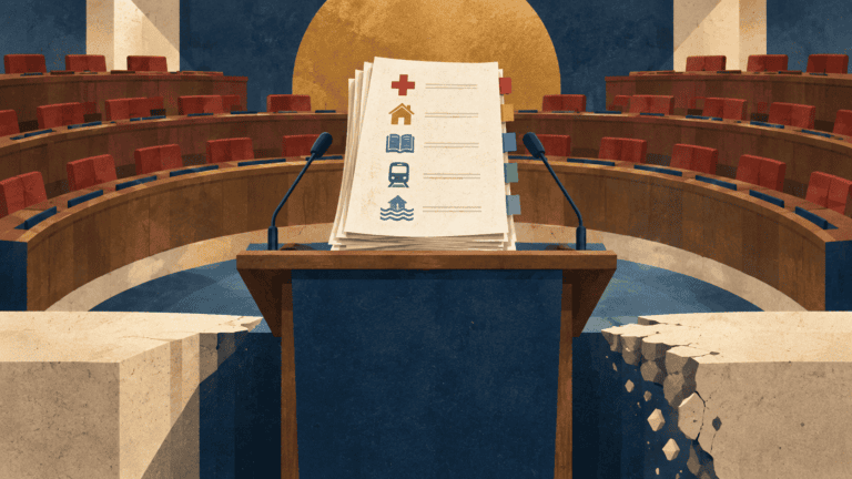 Ilustración de documentos con símbolos de sanidad, vivienda, educación, transporte y prevención ante un atril parlamentario