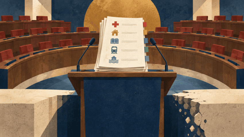 Ilustración de documentos con símbolos de sanidad, vivienda, educación, transporte y prevención ante un atril parlamentario