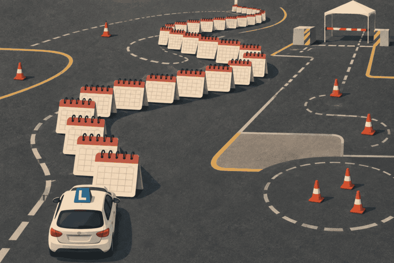 Ilustración conceptual de un coche de autoescuela siguiendo una larga fila de calendarios hacia una zona de examen.
