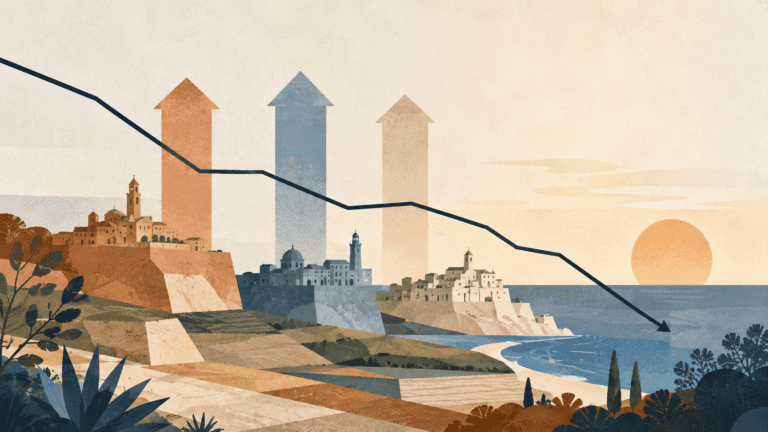 Editorial illustration with three rising arrows and a falling line over an abstract Mediterranean landscape