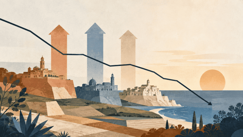 Editorial illustration with three rising arrows and a falling line over an abstract Mediterranean landscape
