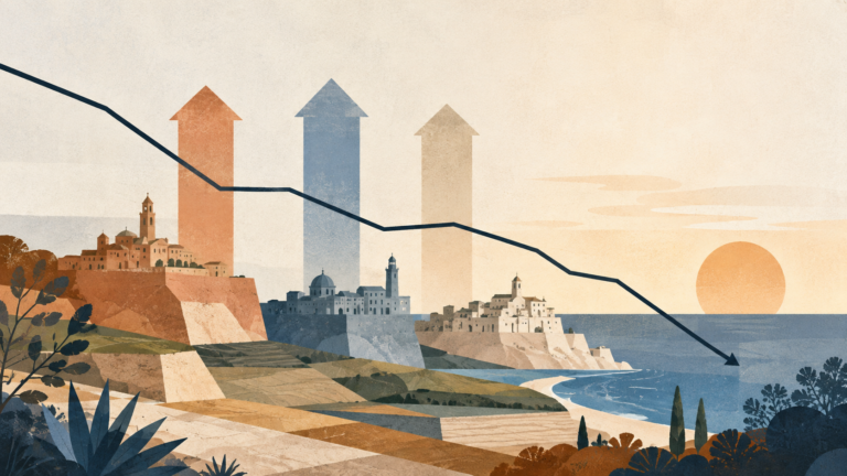 Ilustración editorial con tres flechas ascendentes y una línea descendente sobre un paisaje mediterráneo abstracto