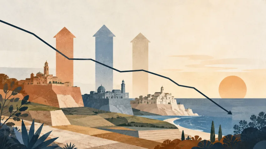 Ilustración editorial con tres flechas ascendentes y una línea descendente sobre un paisaje mediterráneo abstracto