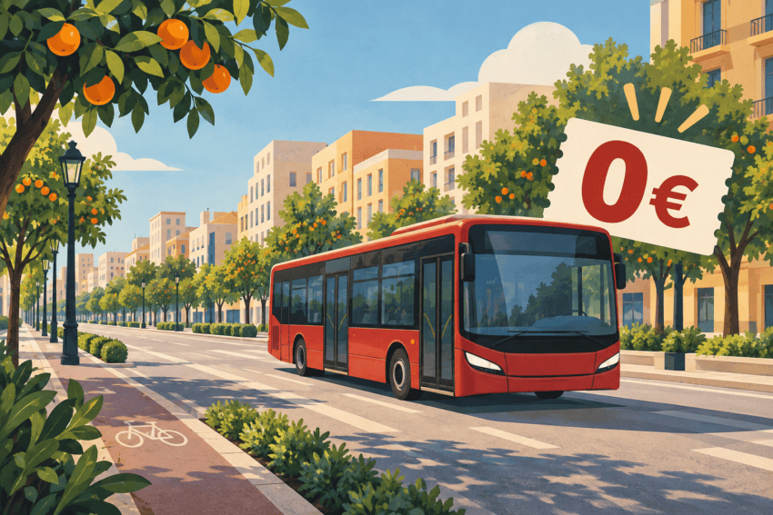 Il·lustració conceptual d’un autobús urbà roig al costat d’un bitllet de zero euros