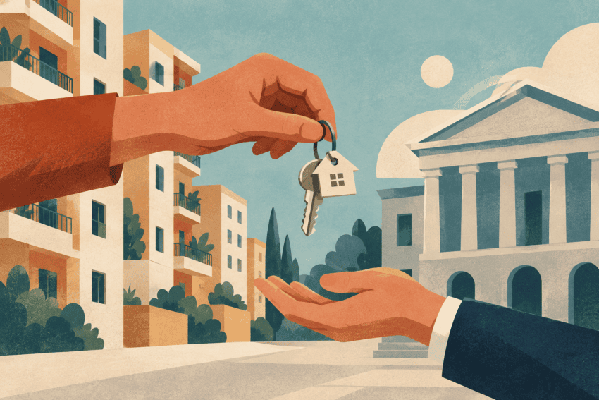 Ilustración conceptual de unas llaves de vivienda entregadas ante edificios residenciales y una institución pública.