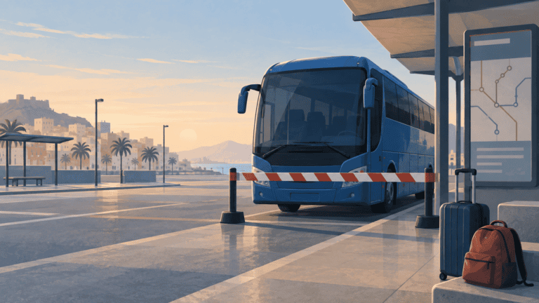 Ilustración editorial de un autobús interurbano azul tras una barrera de servicio, junto a una maleta y una mochila