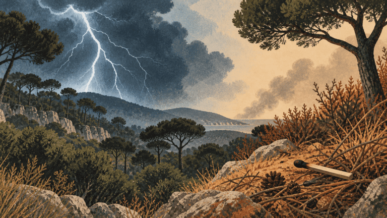 Il·lustració conceptual d’un bosc mediterrani dividit entre un llamp i un misto apagat
