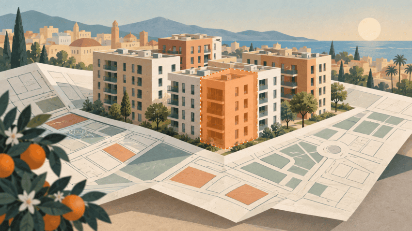 Ilustración de bloques de viviendas sobre un plano urbanístico, con una parte destacada en color naranja