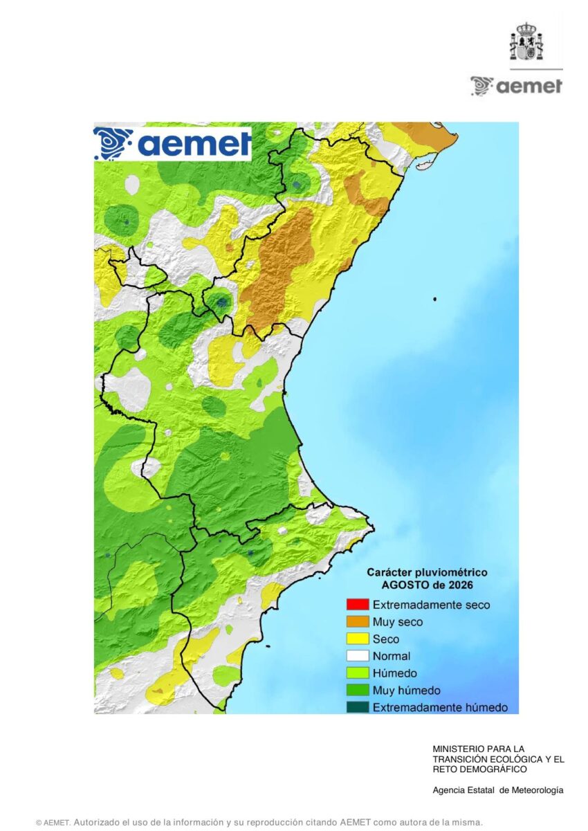 Mapa d’AEMET amb àmplies zones seques a Castelló i focus molt humits a l’interior durant agost de 2026.