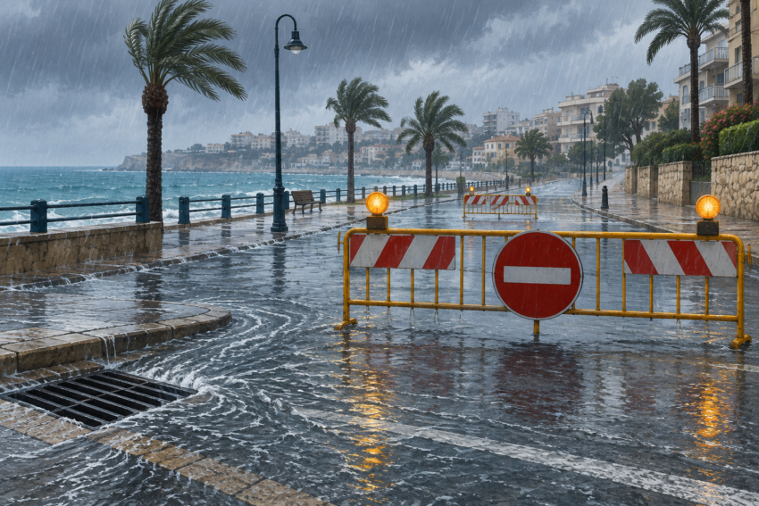 Conceptual illustration of a coastal street closed after water accumulated during heavy rain