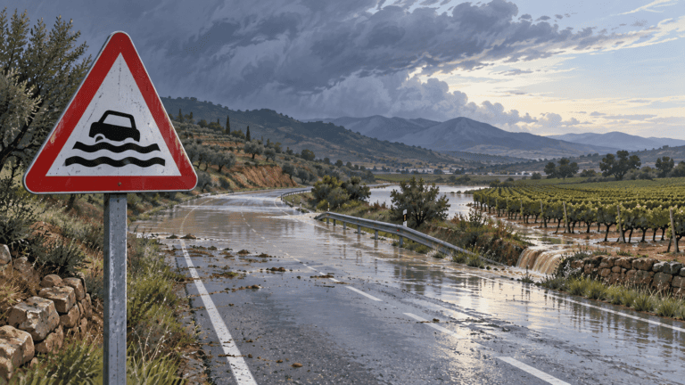 Ilustración de una carretera anegada junto a viñedos y una señal de peligro por inundación