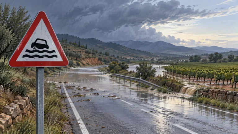 Ilustración de una carretera anegada junto a viñedos y una señal de peligro por inundación
