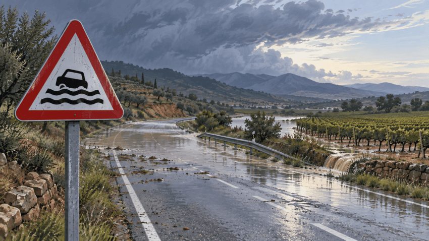 Ilustración de una carretera anegada junto a viñedos y una señal de peligro por inundación