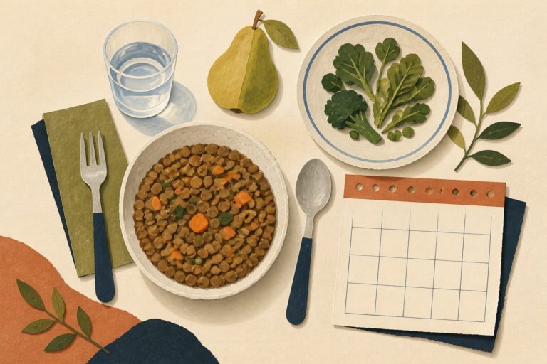 Ilustración de lentejas, verduras, una pera, agua y un calendario de menús