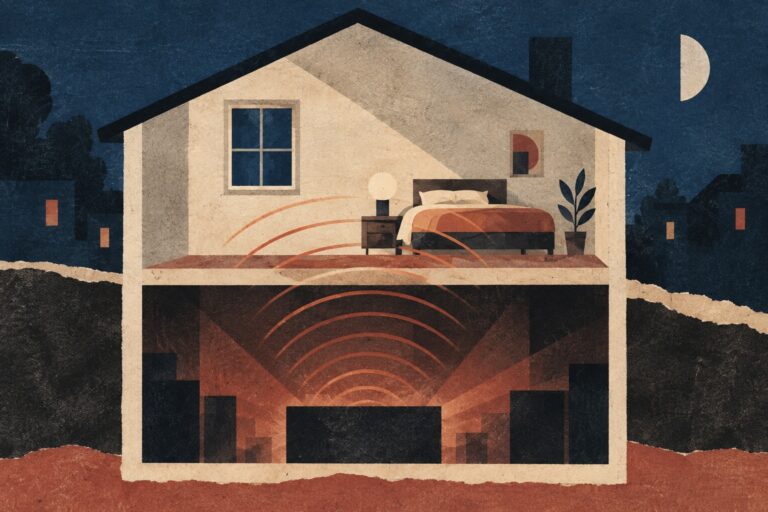 Ilustración conceptual de ondas sonoras que atraviesan el suelo de un dormitorio.