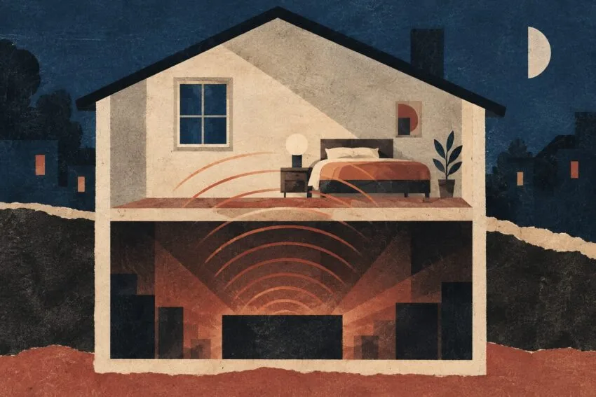 Ilustración conceptual de ondas sonoras que atraviesan el suelo de un dormitorio.