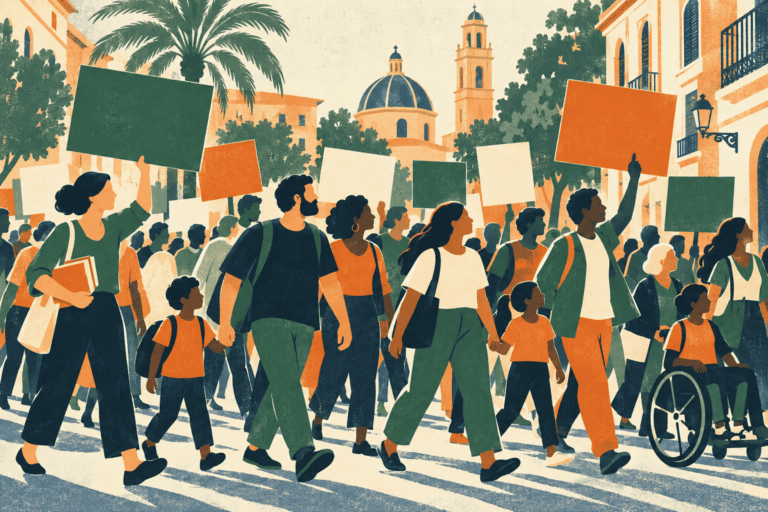 Ilustración conceptual de docentes, familias y ciudadanía en una marcha con pancartas sin texto.