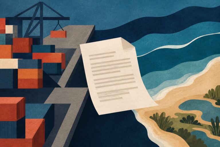 Ilustración conceptual de contenedores, un documento y una costa, sin representar un lugar real.