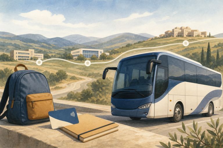 Ilustración editorial de un autobús interurbano ficticio junto a una mochila, una libreta y una tarjeta sin texto