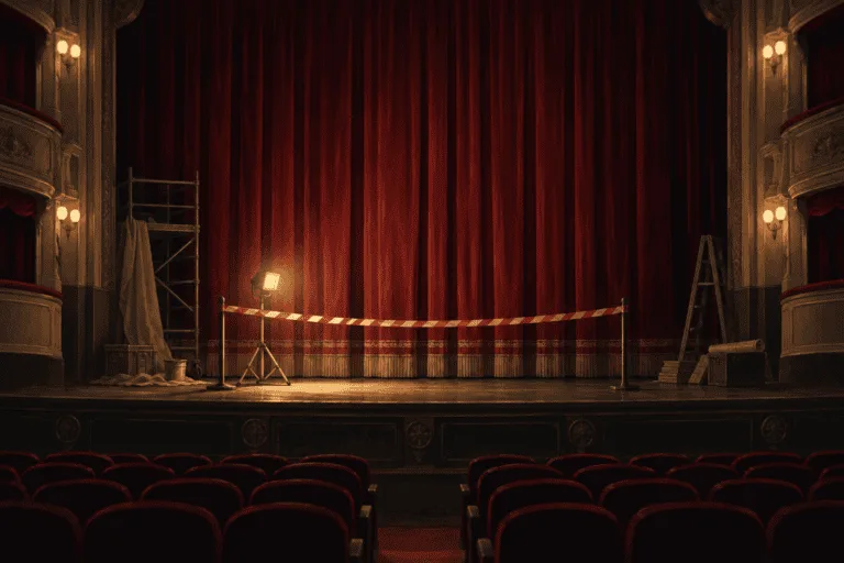 Ilustración editorial de un teatro vacío con el telón cerrado, una barrera de seguridad y material de obra