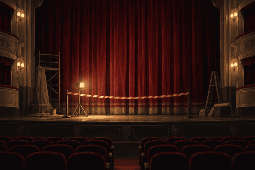 Ilustración editorial de un teatro vacío con el telón cerrado, una barrera de seguridad y material de obra