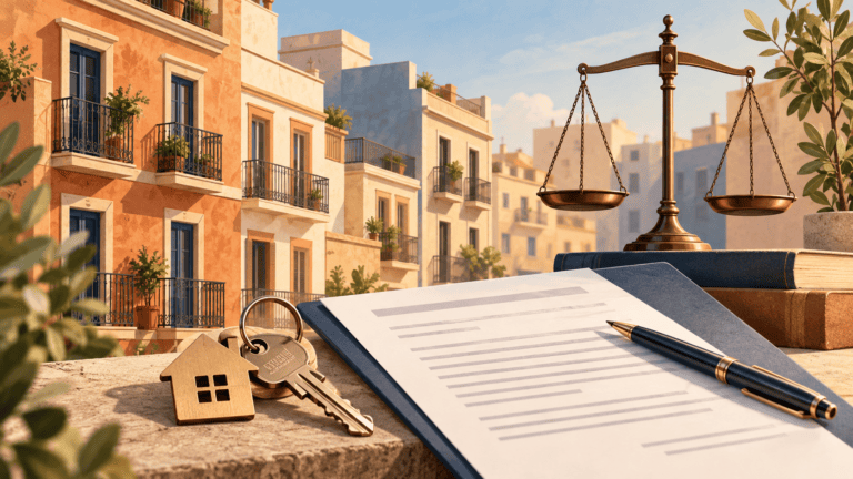 Ilustración conceptual de un contrato de alquiler, unas llaves y una balanza ante edificios residenciales