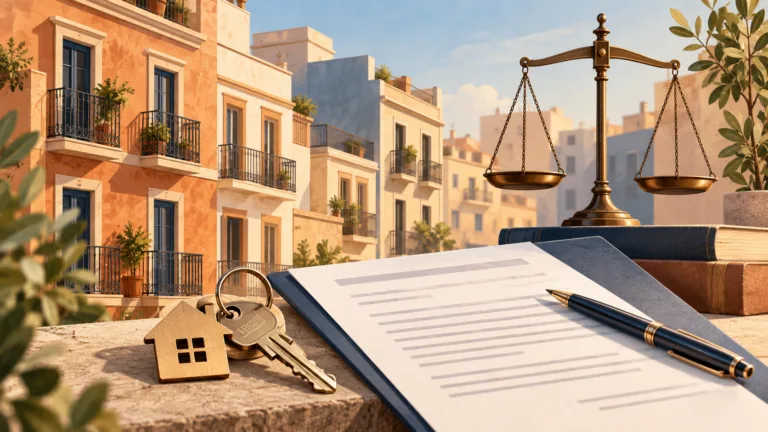 Ilustración conceptual de un contrato de alquiler, unas llaves y una balanza ante edificios residenciales