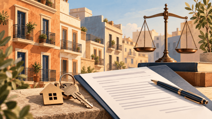 Ilustración conceptual de un contrato de alquiler, unas llaves y una balanza ante edificios residenciales