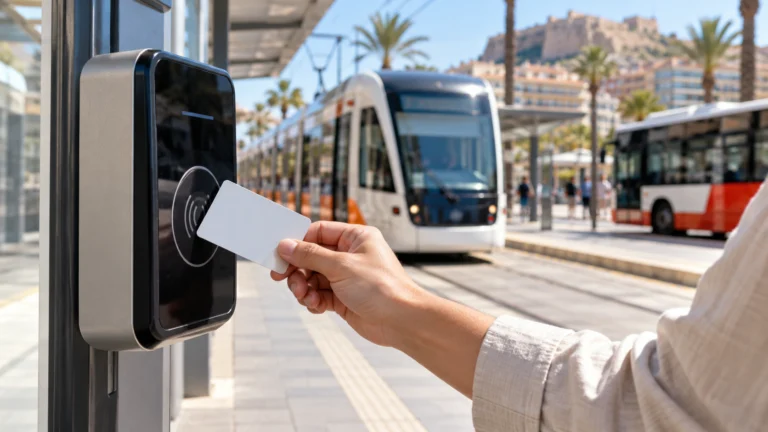 Targeta de transport sense marca al costat d’un validador, un tramvia i un autobús