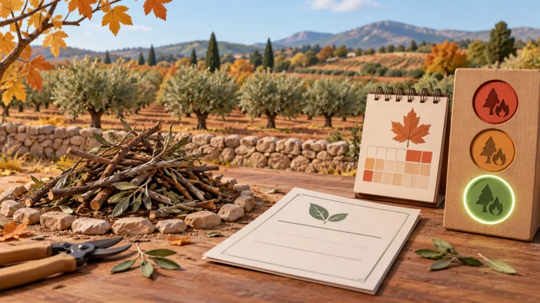 Conceptual olive grove with pruning waste, calendar, blank form and forest-risk indicator