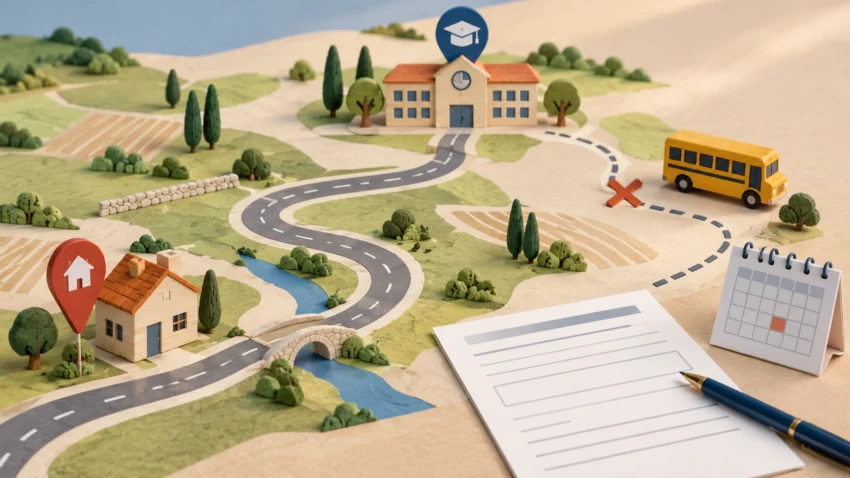 Mapa conceptual entre una casa i una escola, autobús genèric fora de ruta, calendari i formulari sense dades