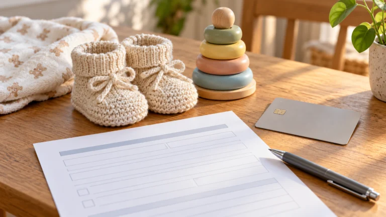 Baby booties, toy and blank application on a table