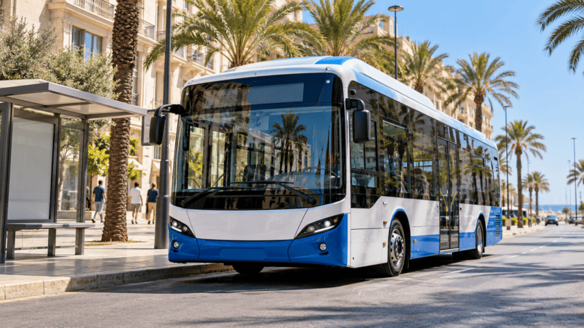 Ilustración editorial de un autobús eléctrico en una avenida mediterránea
