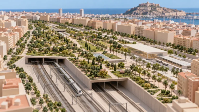 Conceptual urban model with partially covered railway tracks, a park and station