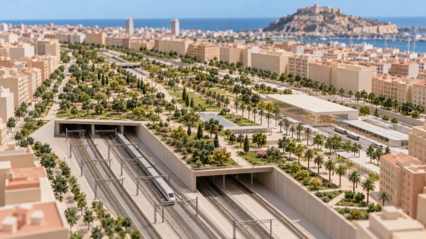 Conceptual urban model with partially covered railway tracks, a park and station