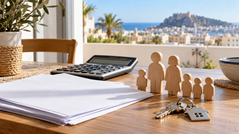 Wooden family figures, keys and blank tax documents