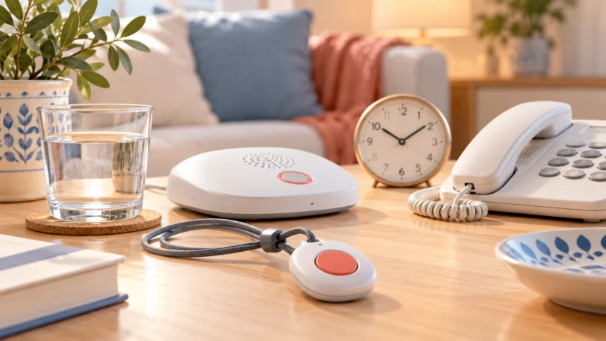 Pendant, home base, telephone and clock symbolising Alicante municipal telecare