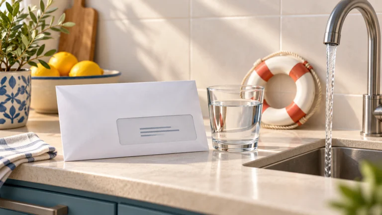 Envelope, glass of water and tap in a conceptual image about Alicante’s Social Water Fund