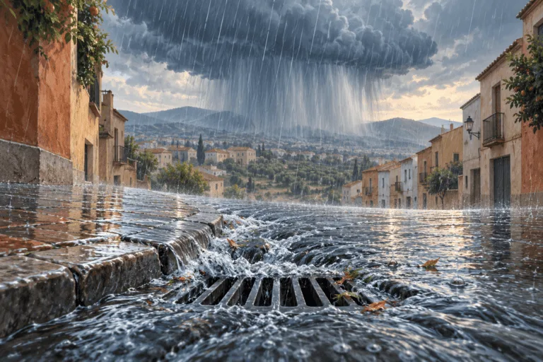 Ilustración editorial de lluvia intensa corriendo hacia un desagüe en una calle mediterránea anónima